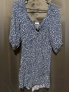 Lush Navy Blue and White Knot-Front Printed Dress